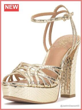 Faux Leather Block Heel Sandals Gold Ankle Strap